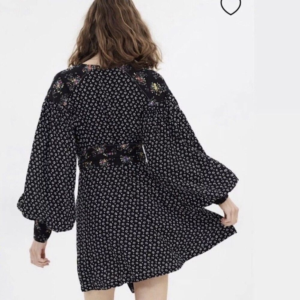 Free People Wonderland Floral Button Up Tunic Dress Size M Black Boho Cottage - Picture 2 of 10